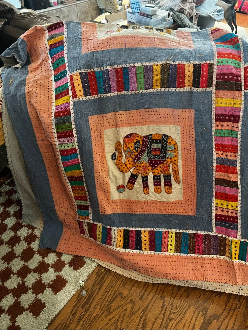 Handmade Multicolor Elephant Patchwork Quilt - Peach & Blue